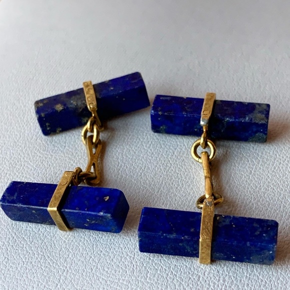 ANTIQUE VINTAGE 18K YELLOW GOLD GENUINE LAPIS LAZULI CUFFLINKS FLORENTINE FINISH